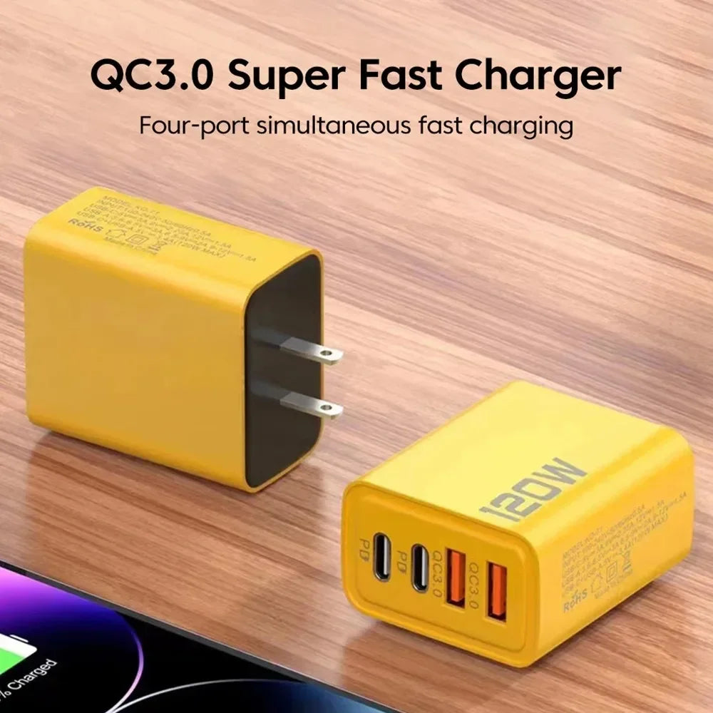 4 Port USB Charger Total 120W Type C Fast Charge Mobile Phone Adapter For iPhone Samsung Xiaomi Huawei Quick Charge Wall Charger