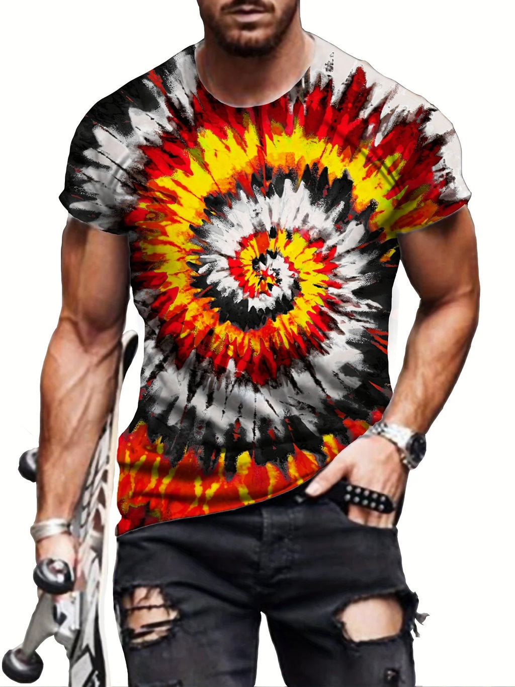 Men'S Vibrant Tie-Dye 3D Print T-Shirt - Red, Yellow & Black Swirl Pattern, Short Sleeve, Crew Neck, Lightweight Polyester