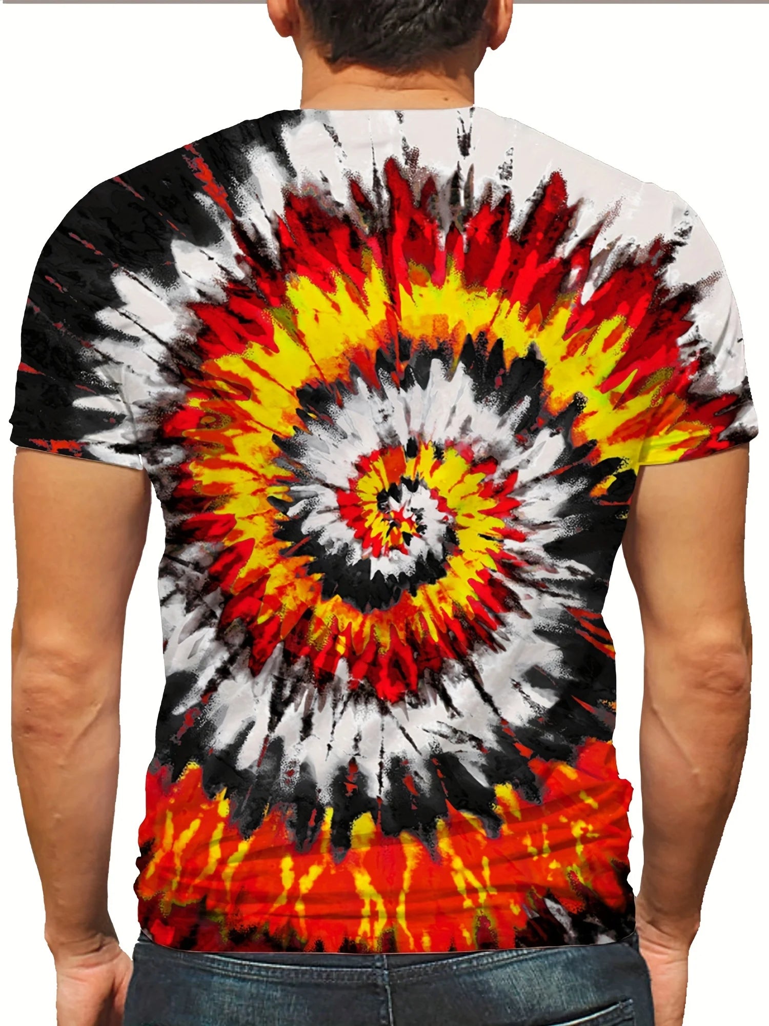 Men'S Vibrant Tie-Dye 3D Print T-Shirt - Red, Yellow & Black Swirl Pattern, Short Sleeve, Crew Neck, Lightweight Polyester